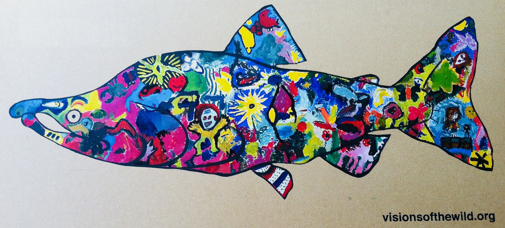 a painting of a salmon, comprised of smaller images of what participants found joyful