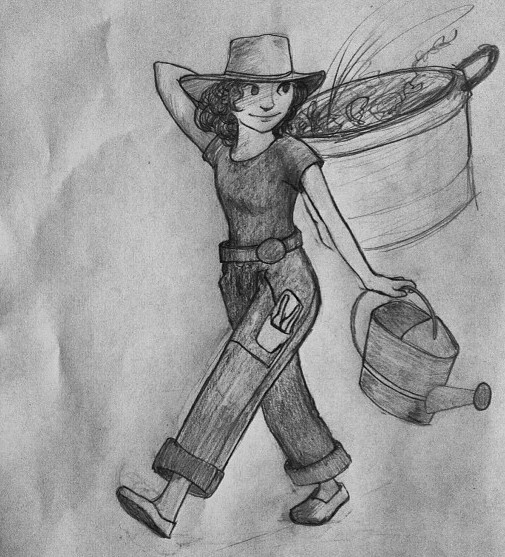 A drawing of me in garden work clothes.
